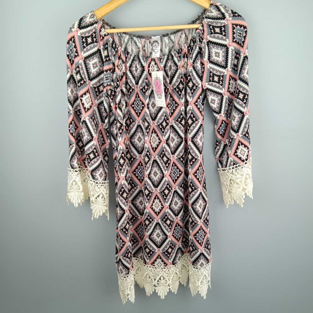 2B Together Pink and Black Mini Dress with Cream Crocheted Lace